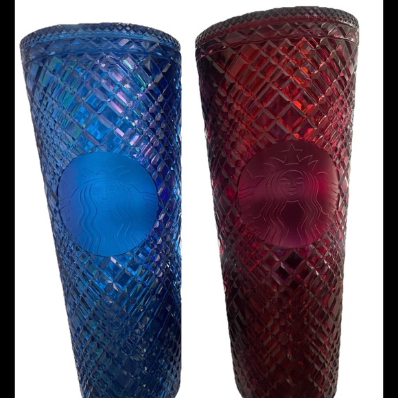 Starbucks 2021 Jeweled Venti 24oz Tumblers Azure Blue & Red Jeweled Set of 2 - Picture 2 of 3